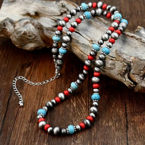 Boho style beaded jewelry set; necklace, earrings, and bracelet, western - Picture 2 of 5